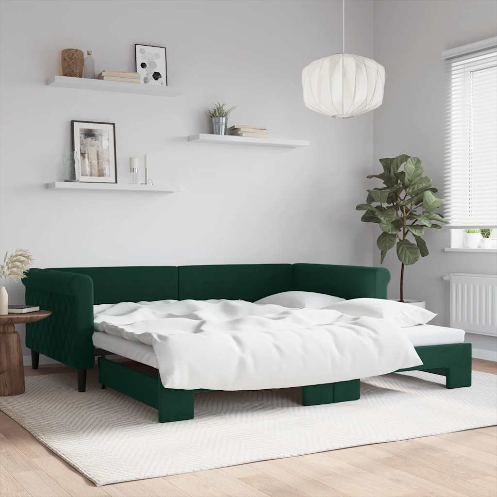 daybed med udtræk 100x200 cm velour mørkegrøn