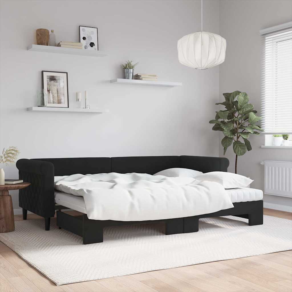 Daybed med udtræk og madras 80×200 cm - velour, sort
