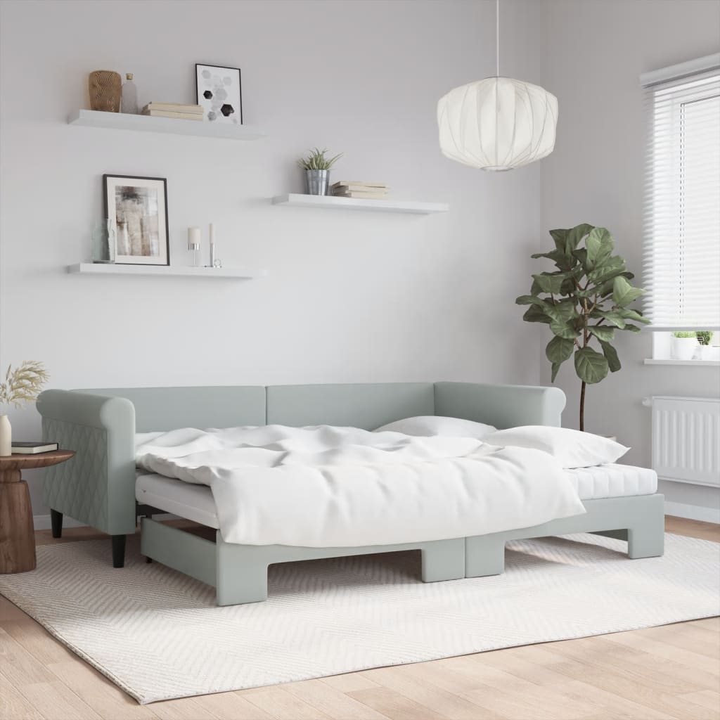 daybed med udtræk og madras 90x200 cm velour lysegrå billede