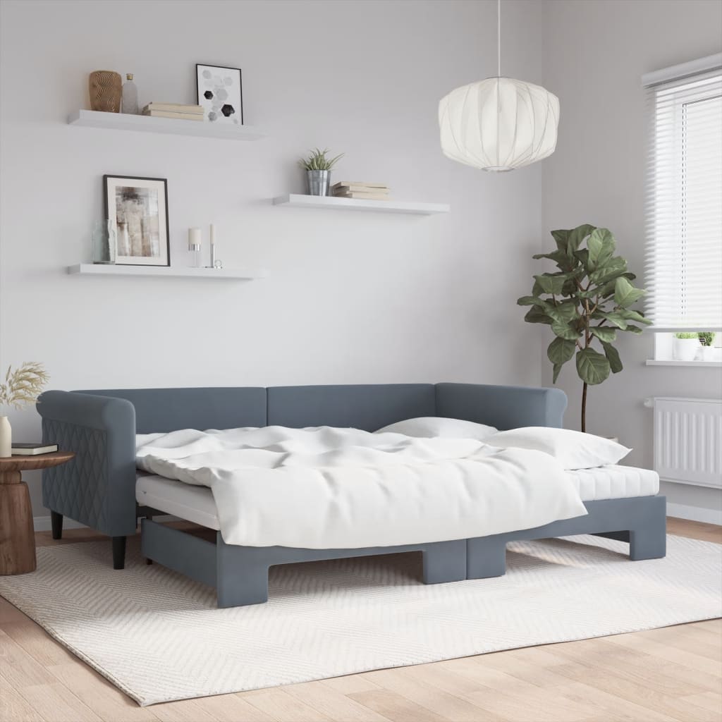 daybed med udtræk og madras 90x200 cm velour mørkegrå