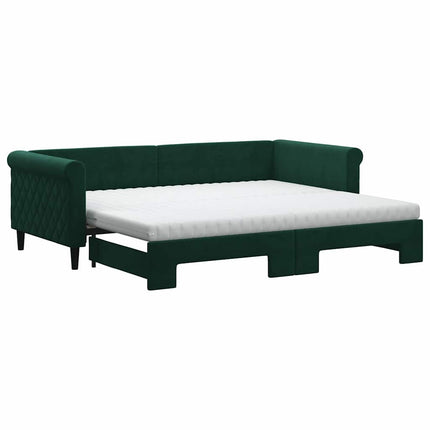 daybed med udtræk og madras 90x200 cm velour mørkegrøn