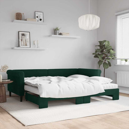 daybed med udtræk og madras 90x200 cm velour mørkegrøn