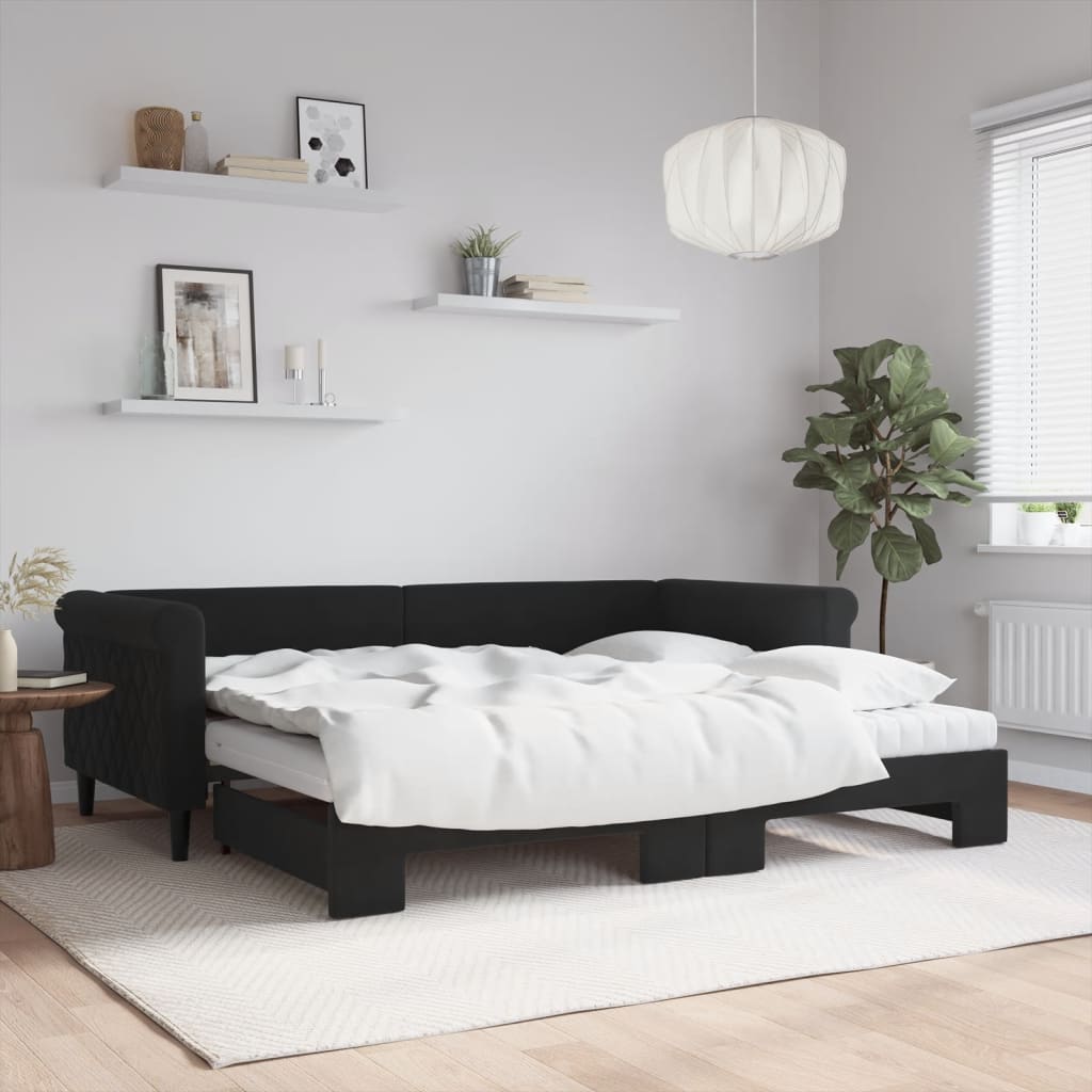 daybed med udtræk og madras 90x200 cm velour sort