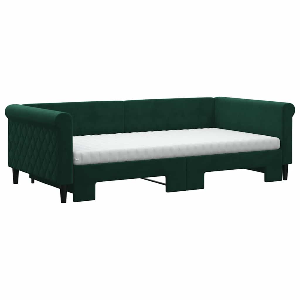 daybed med udtræk og madras 100x200 cm velour mørkegrøn