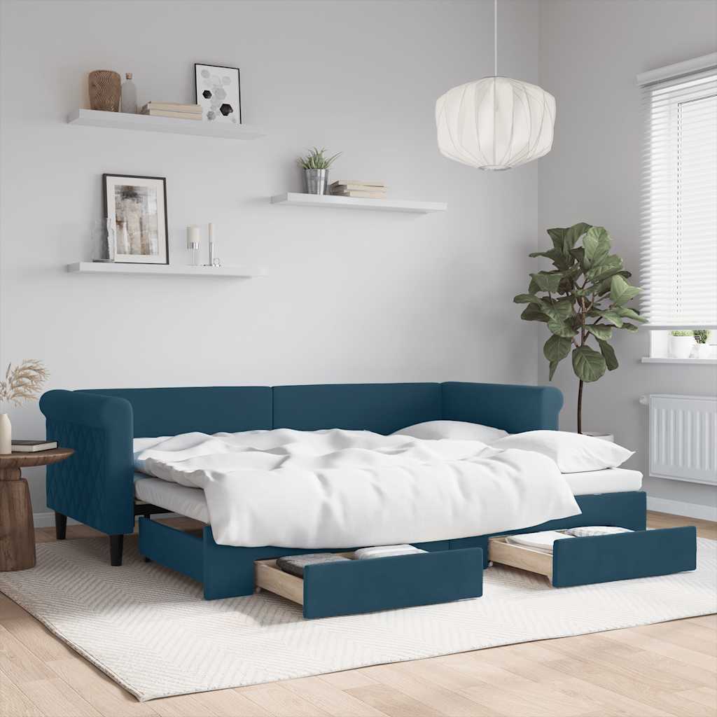 daybed med udtræk og skuffer 80x200 cm stof blå