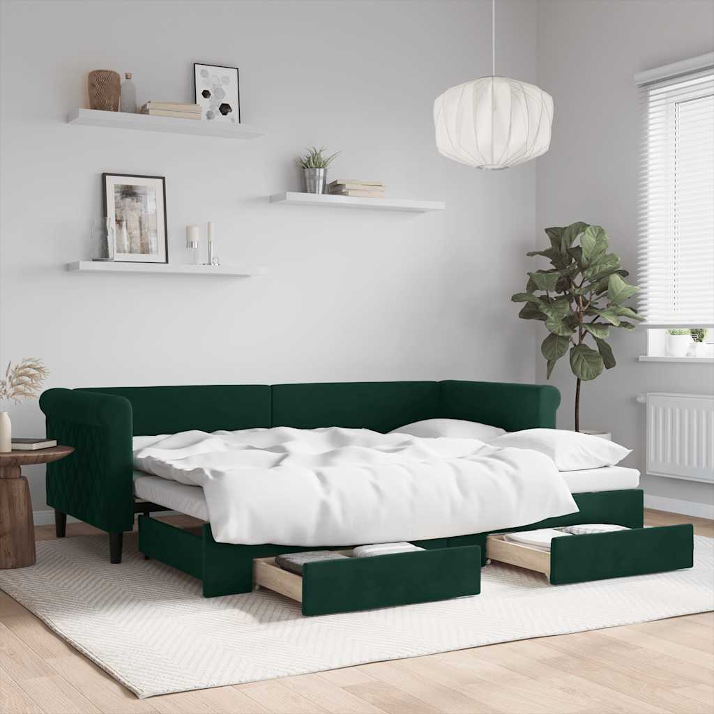 daybed med udtræk og skuffer 80x200 cm velour mørkegrøn