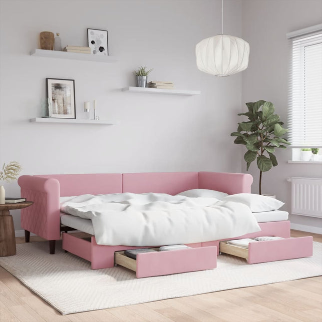 daybed med udtræk og skuffer 80x200 cm velour lyserød