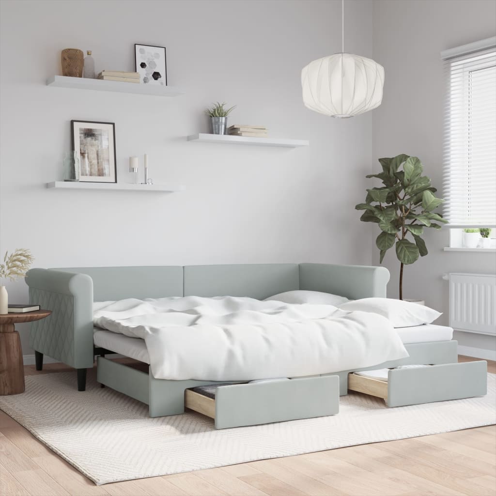 daybed med udtræk og skuffer 90x200 cm velour lysegrå billede