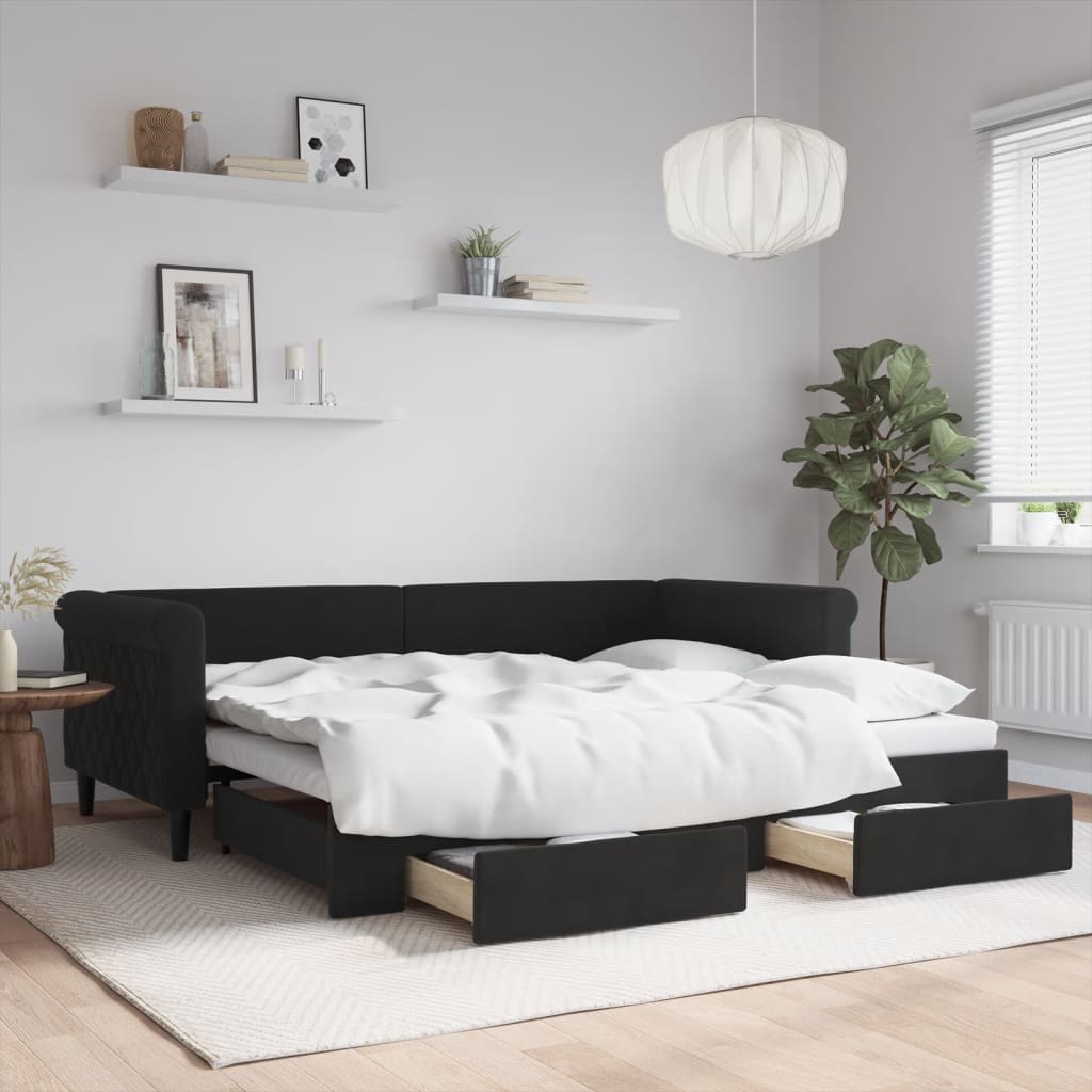 daybed med udtræk og skuffer 90x200 cm velour sort