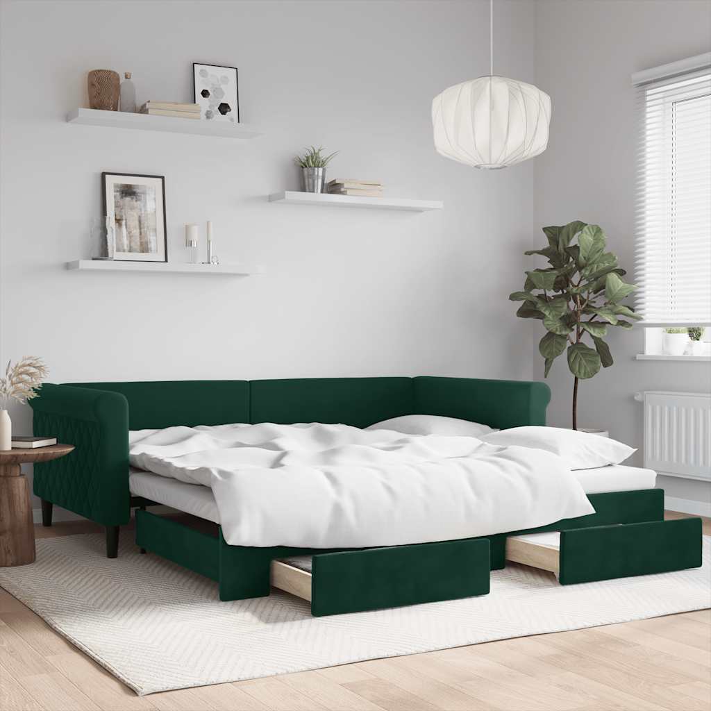 Daybed Velour Mørkegrøn - med udtræk og skuffe / 100 x 200 cm
