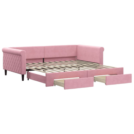 daybed med udtræk og skuffer 100x200 cm velour lyserød