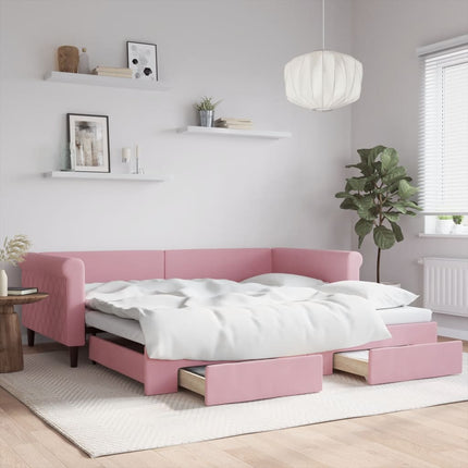 daybed med udtræk og skuffer 100x200 cm velour lyserød