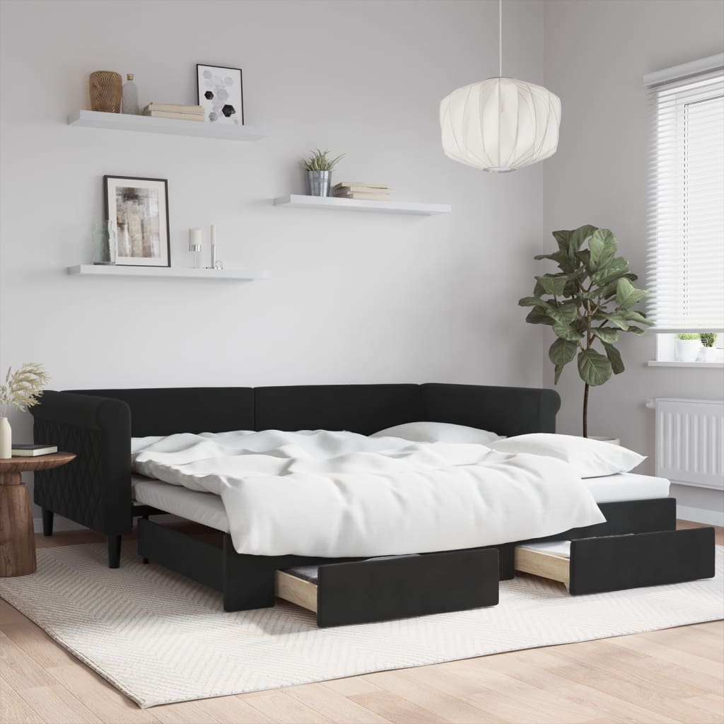 daybed med udtræk og skuffer 100x200 cm velour sort billede