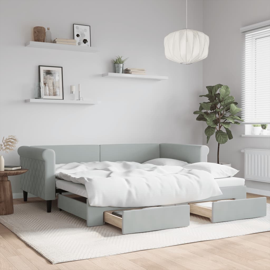 daybed med udtræk og skuffer 90x190 cm velour lysegrå