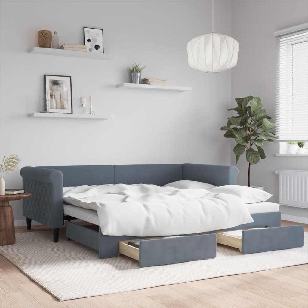 daybed med udtræk og skuffer 90x190 cm velour mørkegrå billede