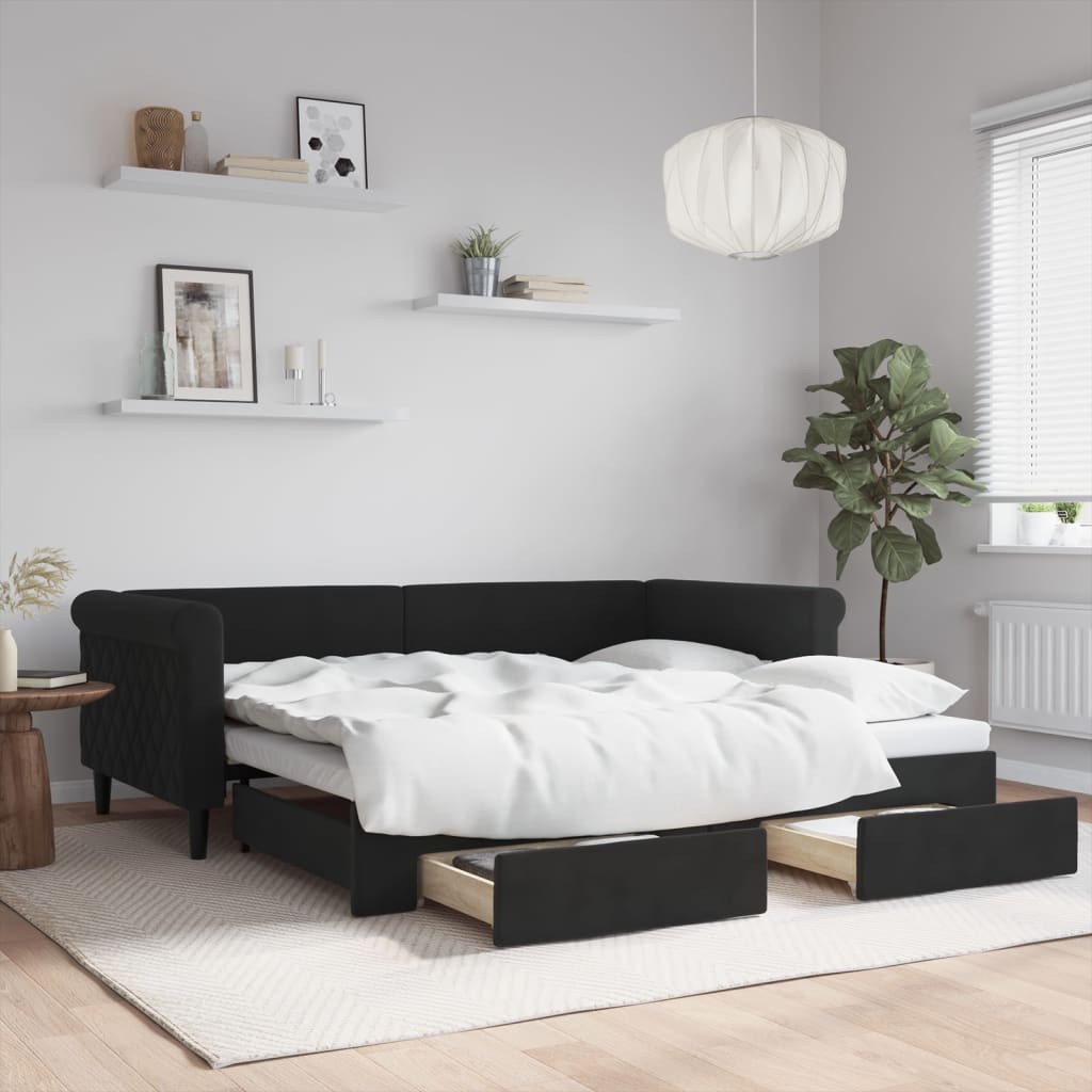 daybed med udtræk og skuffer 90x190 cm velour sort billede