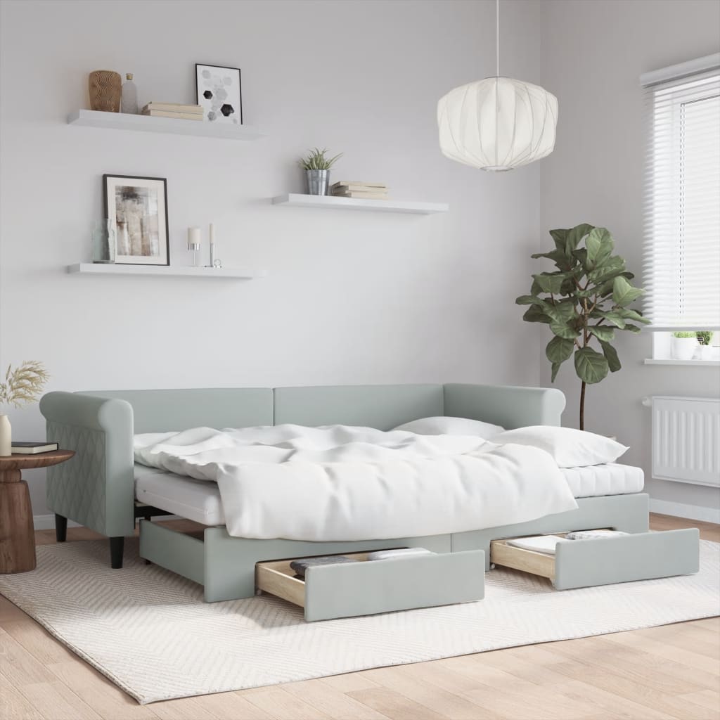 daybed med udtræk og skuffer 80x200 cm velour lysegrå billede
