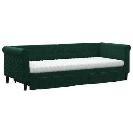 daybed med udtræk og skuffer 80x200 cm velour mørkegrøn