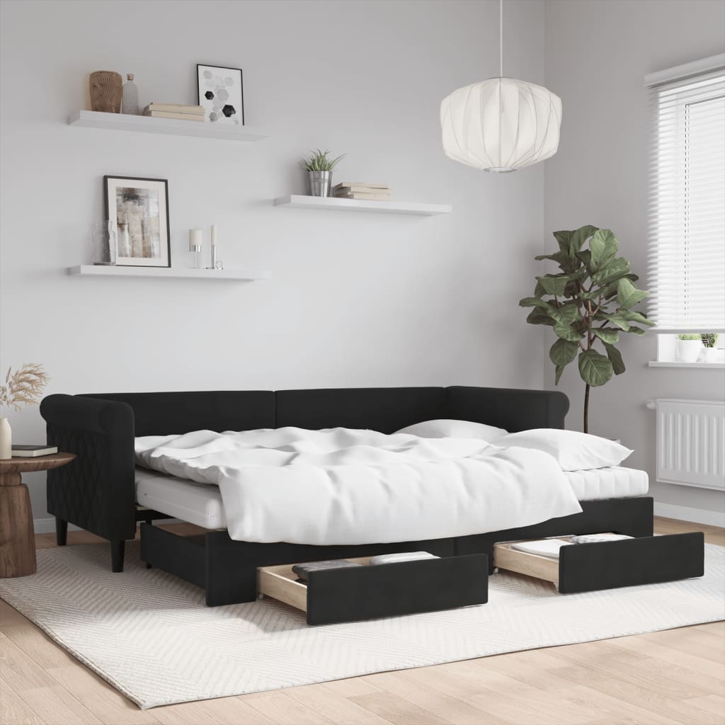 daybed med udtræk og skuffer 80x200 cm velour sort billede