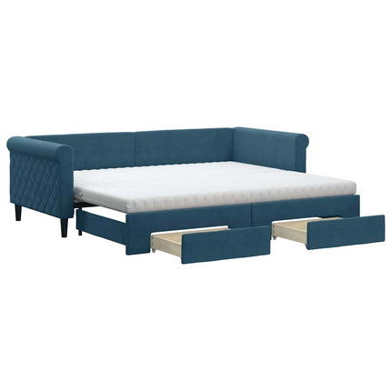 daybed med udtræk og skuffer 90x200 cm velour blå