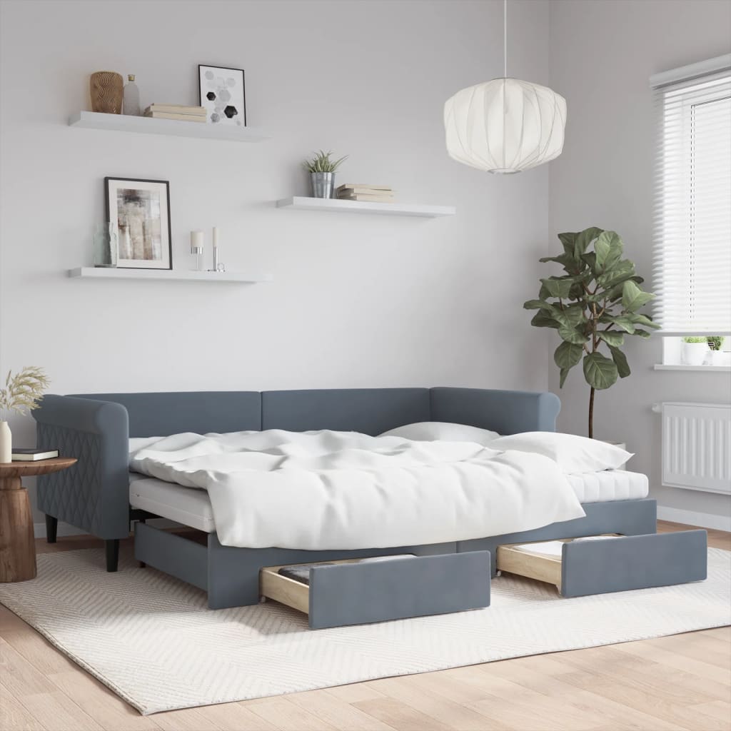 daybed med udtræk og skuffer 90x200 cm velour mørkegrå