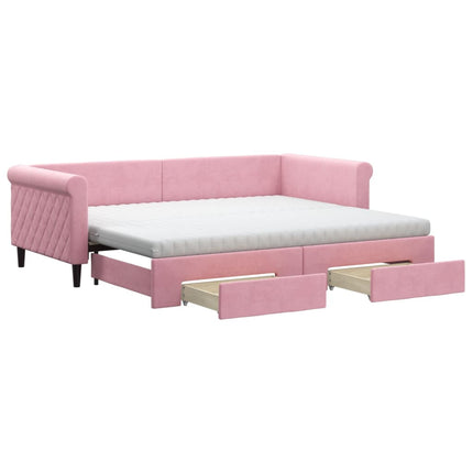 daybed med udtræk og skuffer 90x200 cm velour lyserød