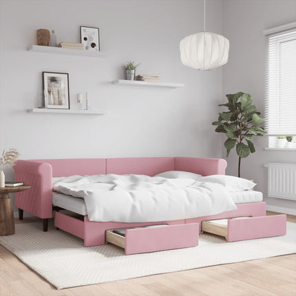 daybed med udtræk og skuffer 90x200 cm velour lyserød