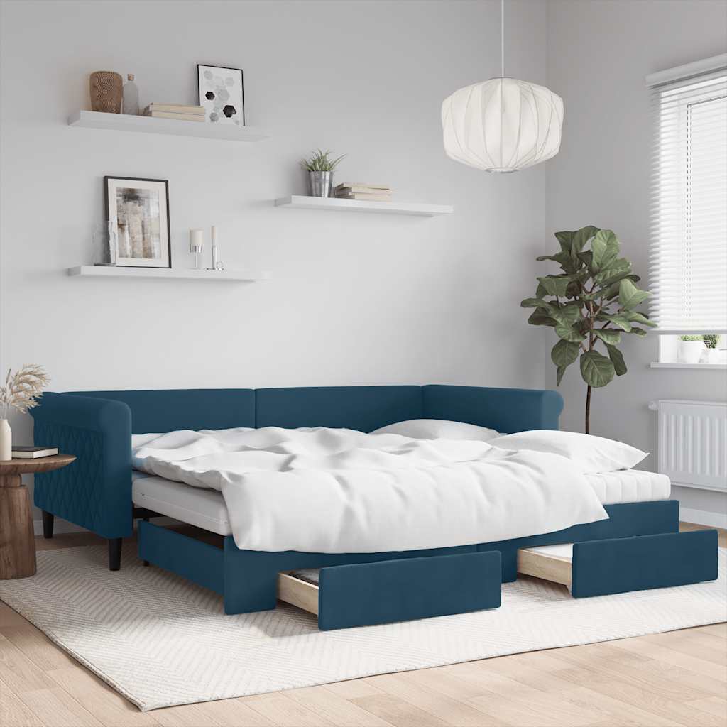 daybed med udtræk og skuffer 100x200 cm velour blå