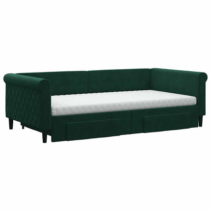 daybed med udtræk og skuffer 100x200 cm velour mørkegrøn