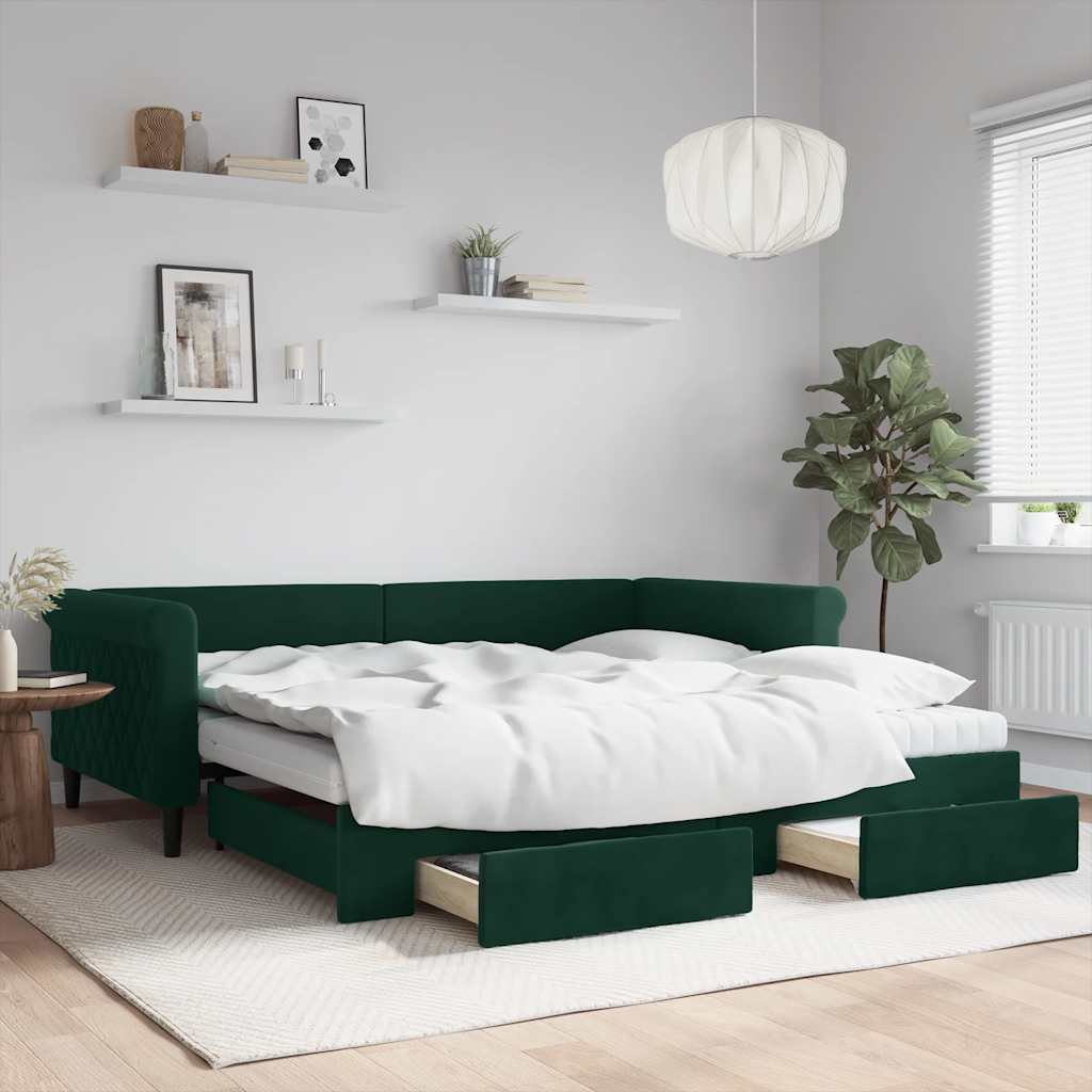 Daybed Velour Mørkegrøn - med udtræk og skuffe og madras / 100 x 200 cm