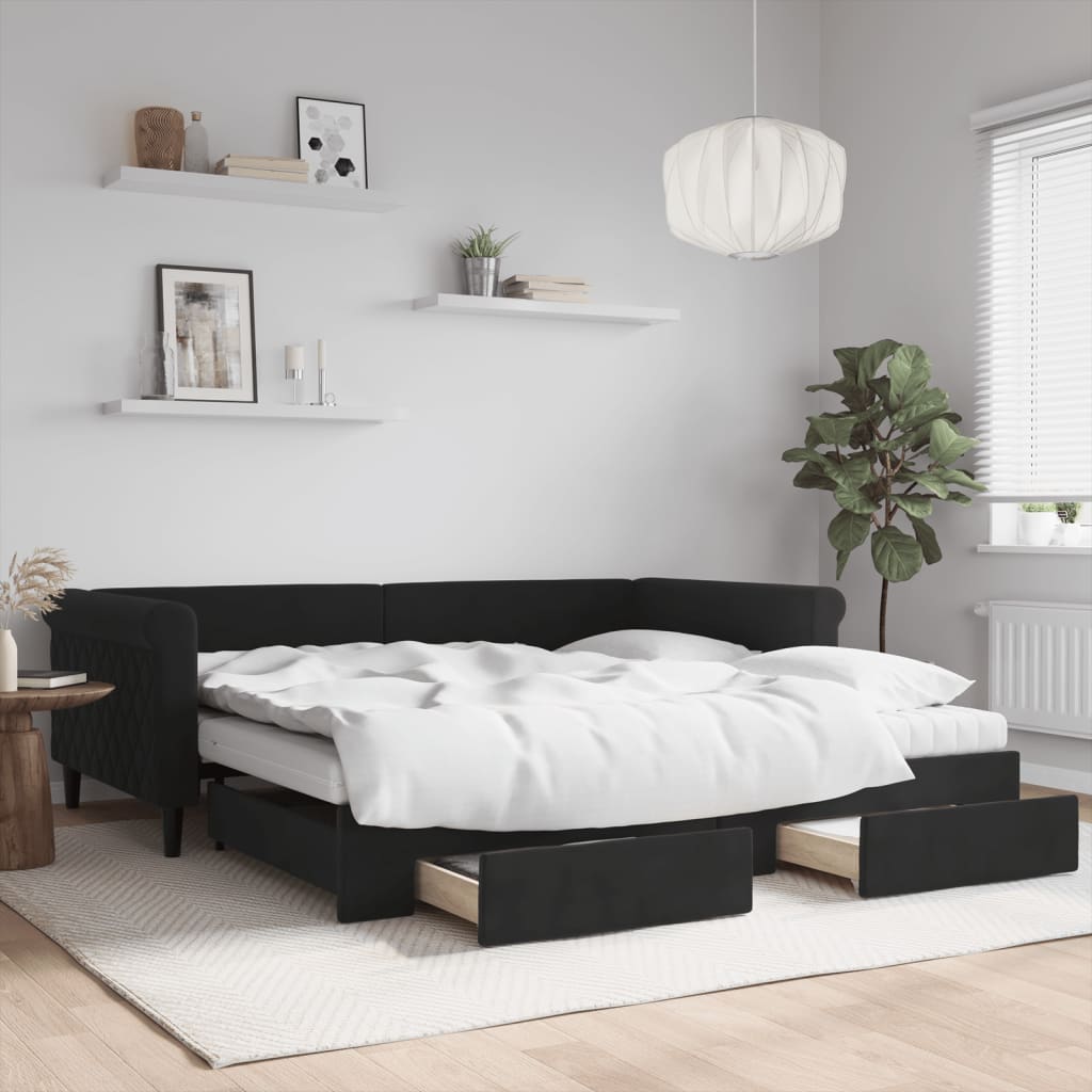 Daybed Velour Sort - med udtræk og skuffe og madras / 100 x 200 cm