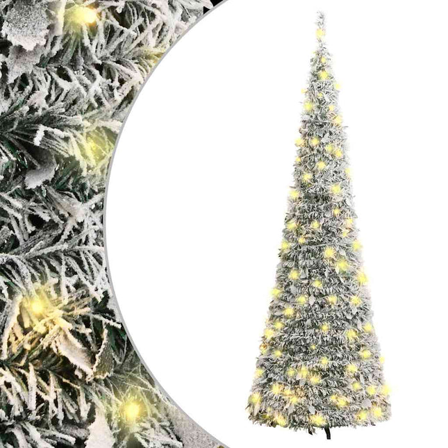 kunstigt juletræ med sne 150 LED'er 180 cm pop op-funktion