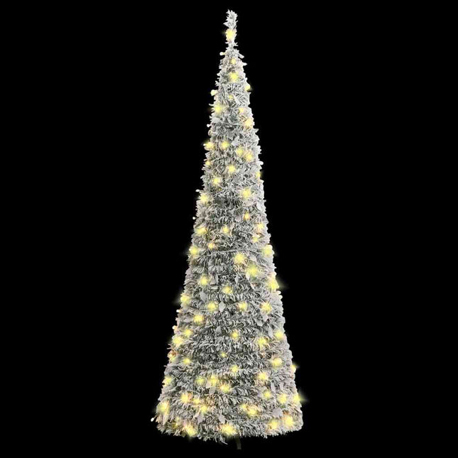 kunstigt juletræ med sne 150 LED'er 180 cm pop op-funktion