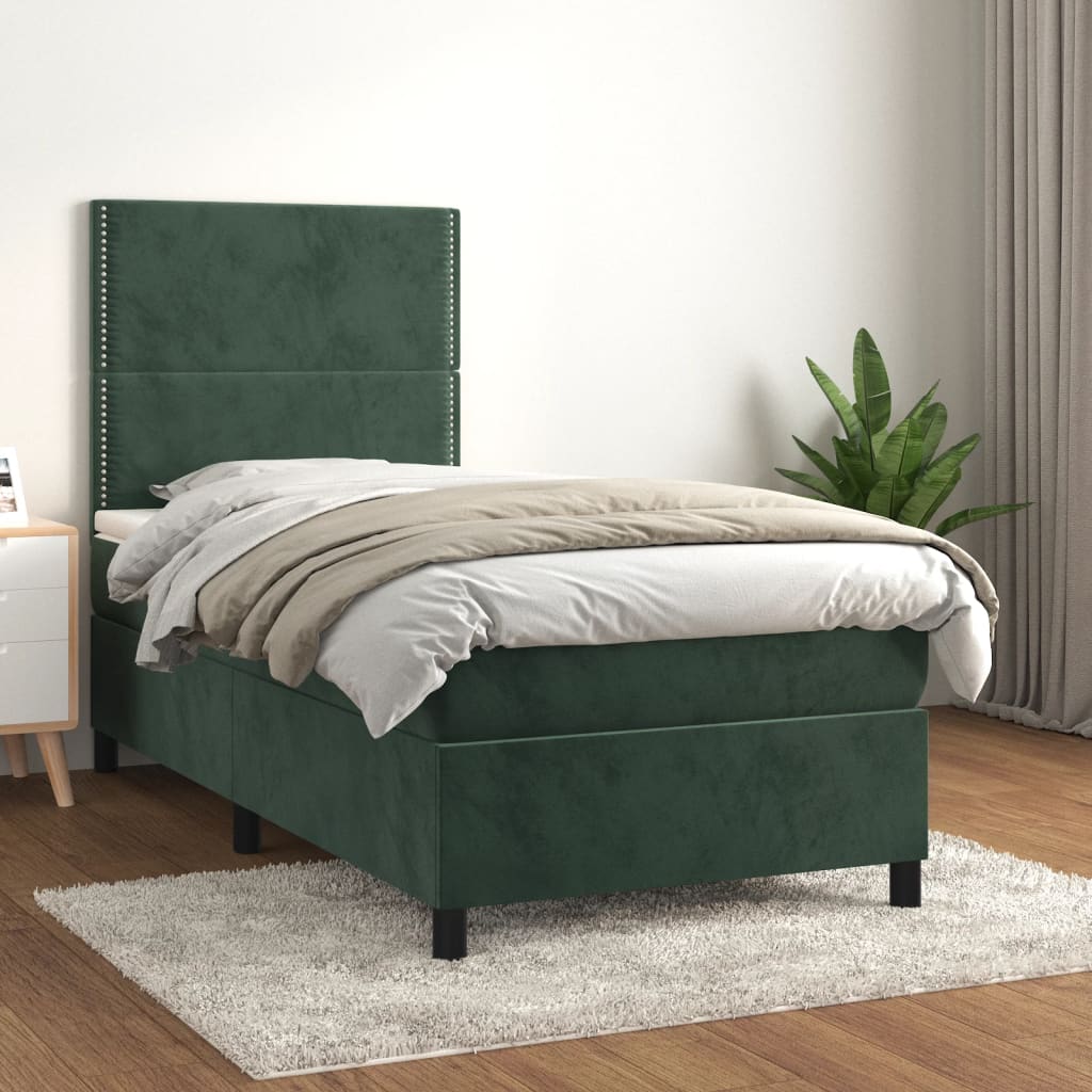 kontinentalseng med madras 90x200 cm fløjl mørkegrøn