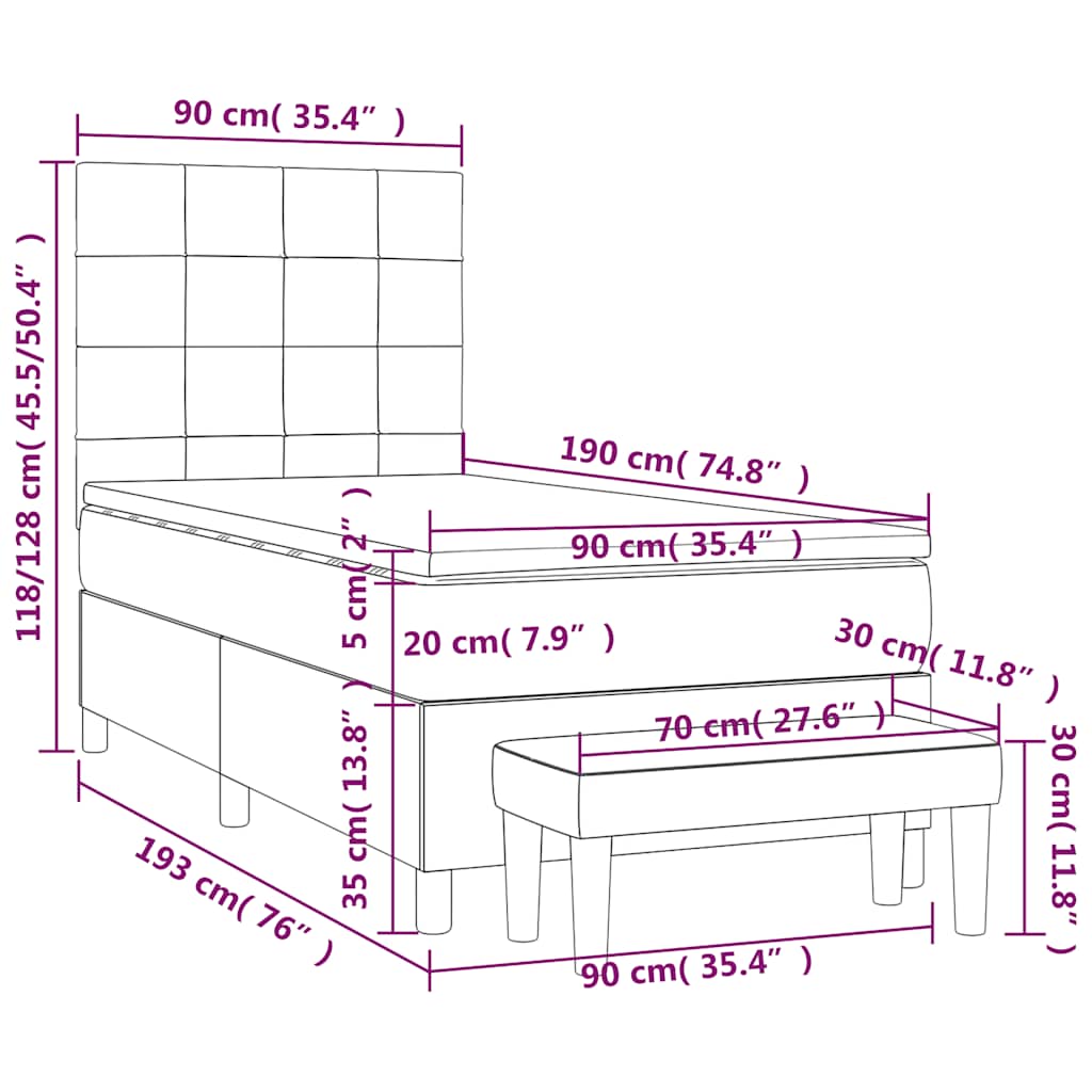 kontinentalseng med madras 90x190 cm fløjl mørkeblå