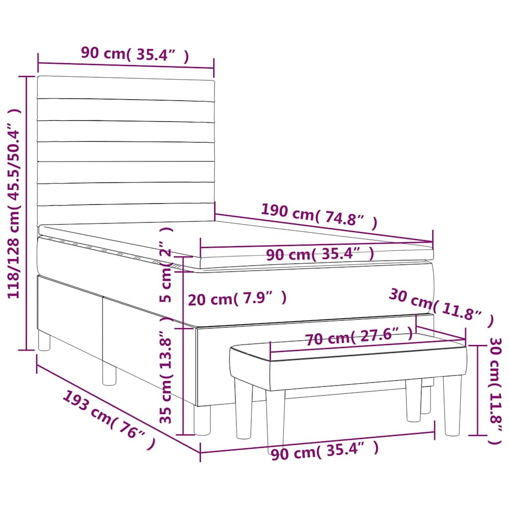 kontinentalseng med madras 90x190 cm fløjl mørkeblå