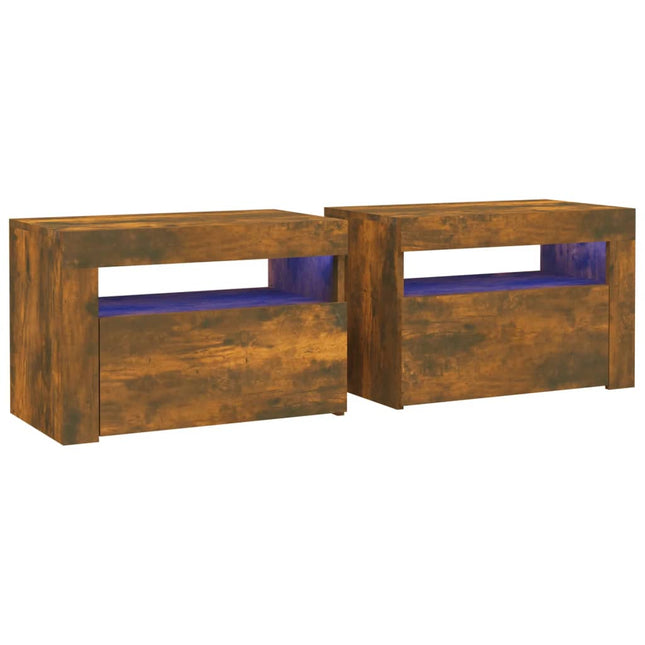 sengeborde med LED-lys 2 stk. 60x35x40 cm røget eg