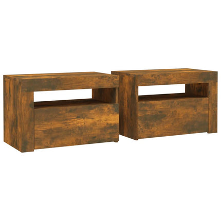 sengeborde med LED-lys 2 stk. 60x35x40 cm røget eg