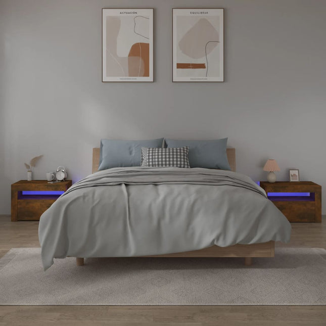 sengeborde med LED-lys 2 stk. 60x35x40 cm røget eg