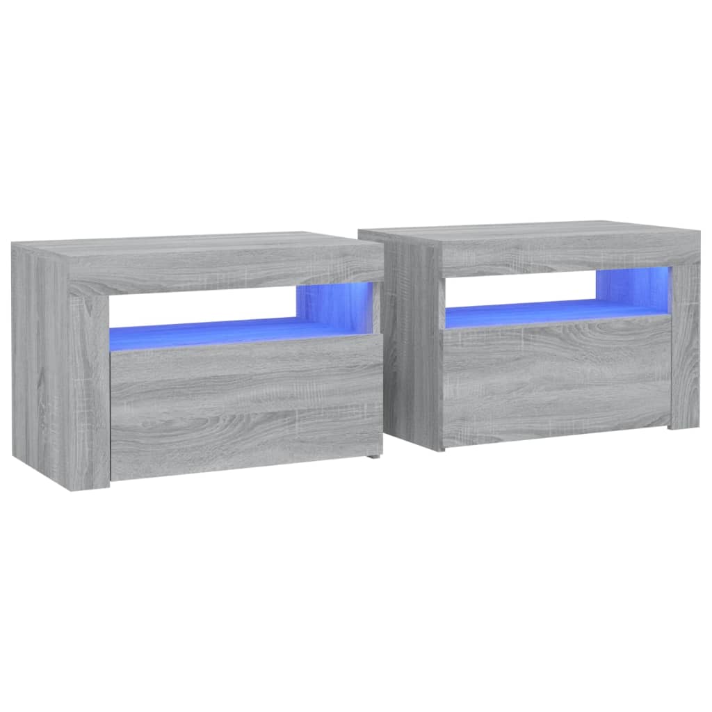 sengeborde med LED-lys 2 stk. 60x35x40 cm grå sonoma-eg