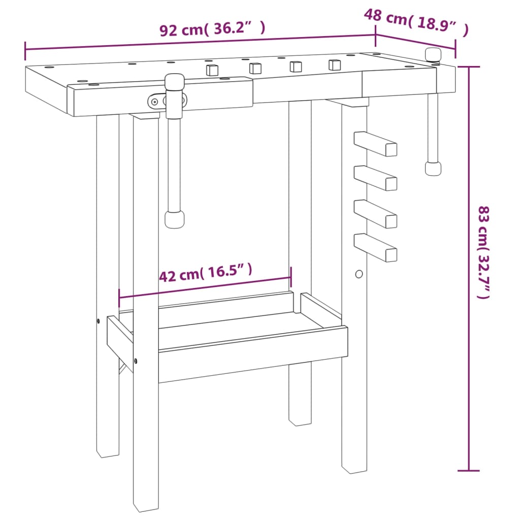 arbejdsbord med skruestik 92x48x83 cm massivt akacietræ