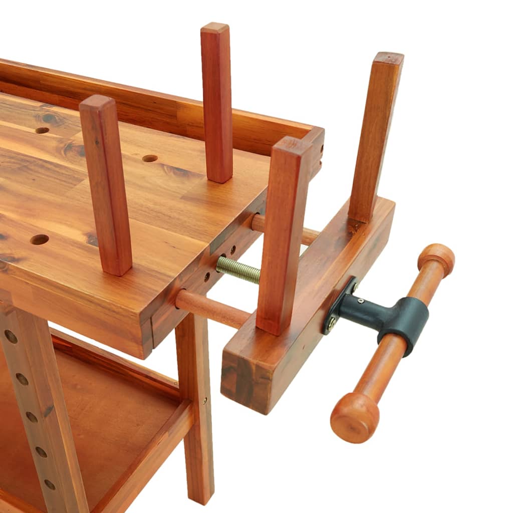 arbejdsbord m. skuffer + skruestik 162x62x83 cm massivt akacie