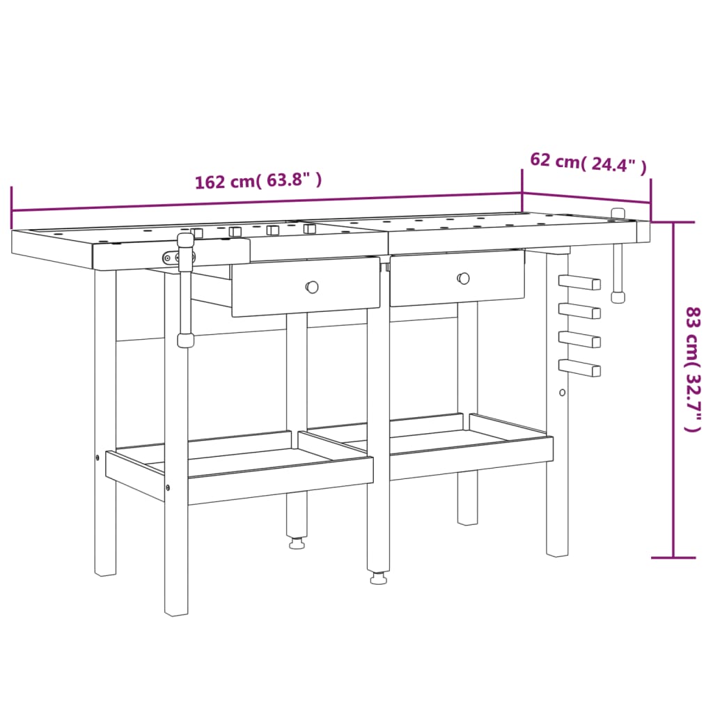 arbejdsbord m. skuffer + skruestik 162x62x83 cm massivt akacie