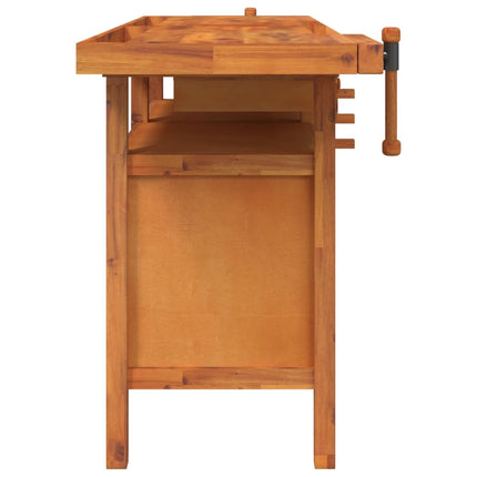 arbejdsbord m. skuffer + skruestik 162x62x83 cm massivt akacie