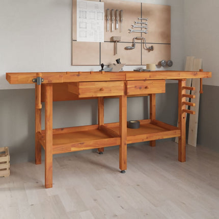 arbejdsbord m. skuffer + skruestik 192x62x83 cm massivt akacie