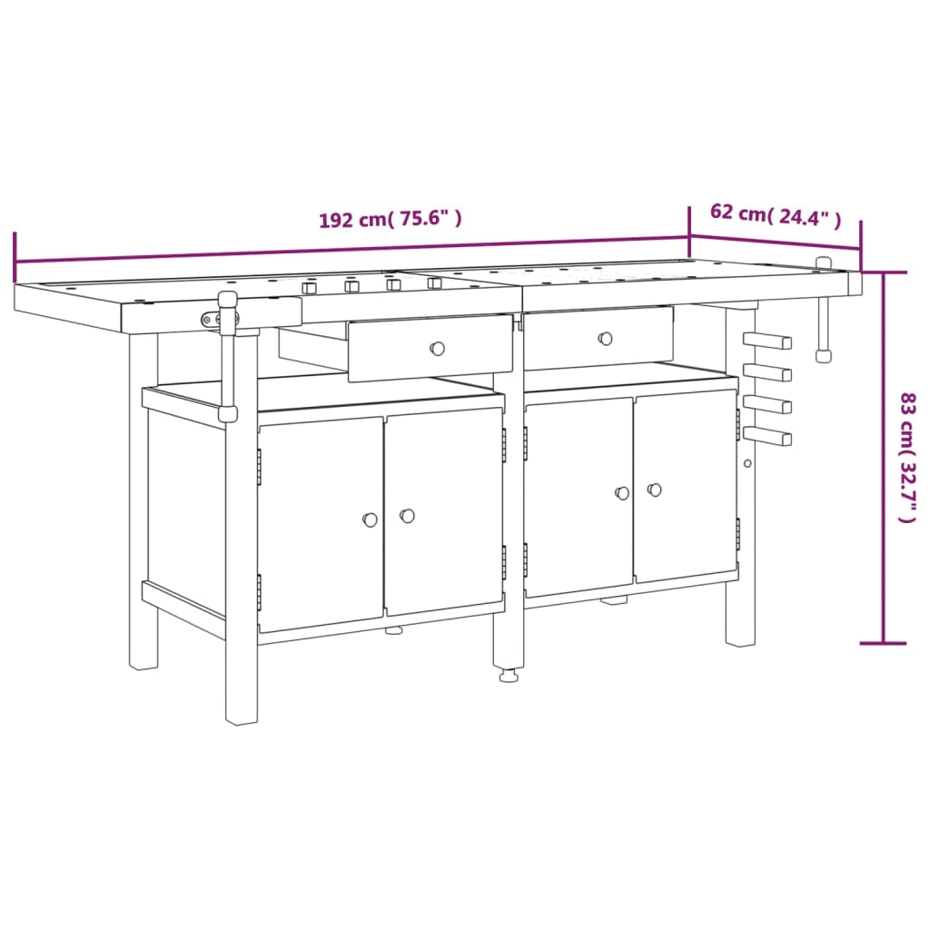 arbejdsbord m. skuffer + skruestik 192x62x83 cm massivt akacie