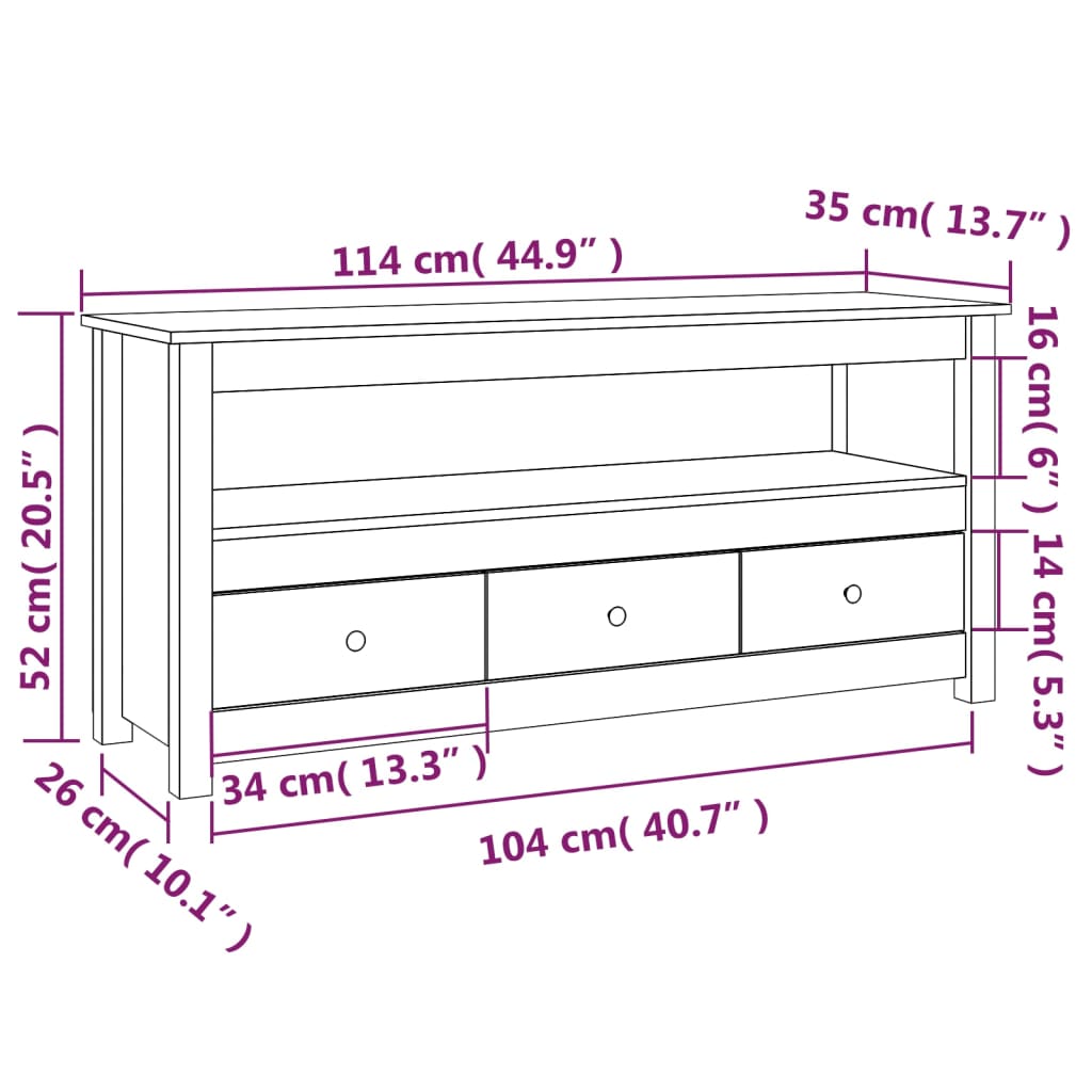 tv-bord 114x35x52 cm massivt fyrretræ hvid