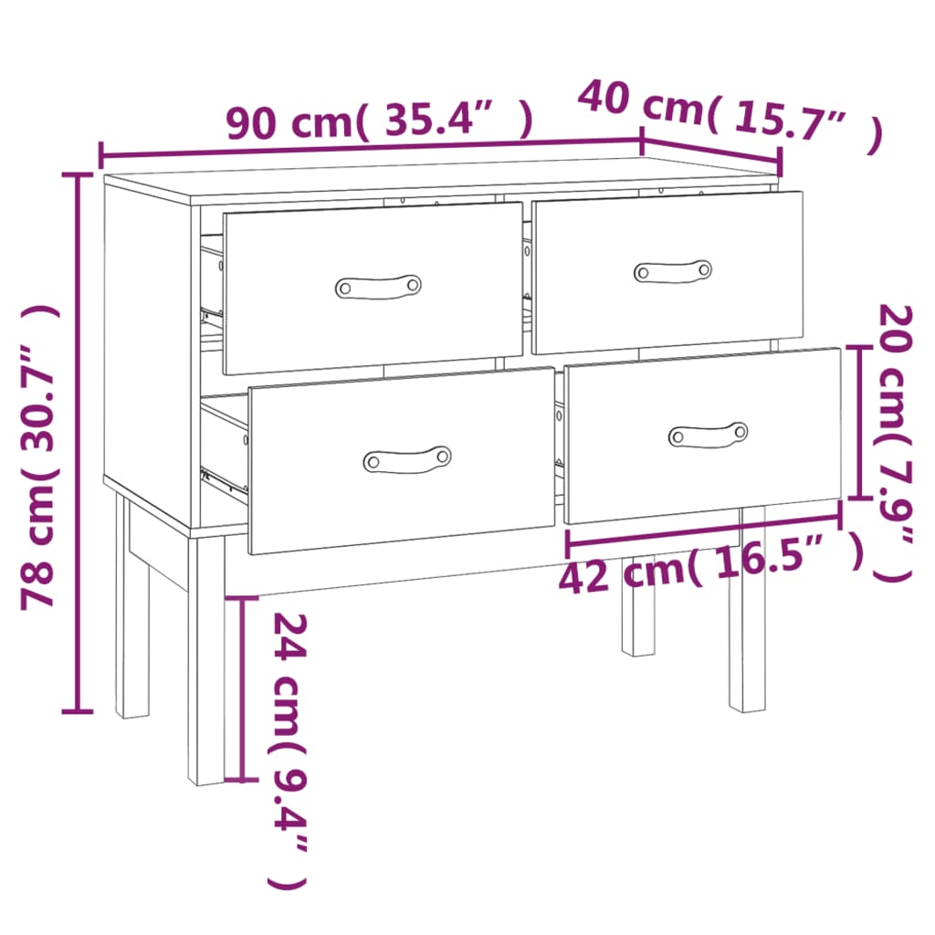 konsolskab 90x40x78 cm massivt fyrretræ hvid