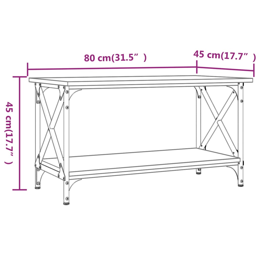 sofabord 80x45x45 cm konstrueret træ og jern grå sonoma-eg