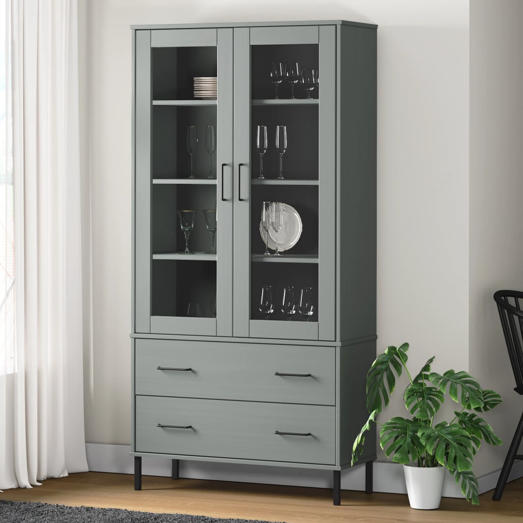 bogskab med metalben OSLO 85x35x172,5 cm massivt træ grå billede